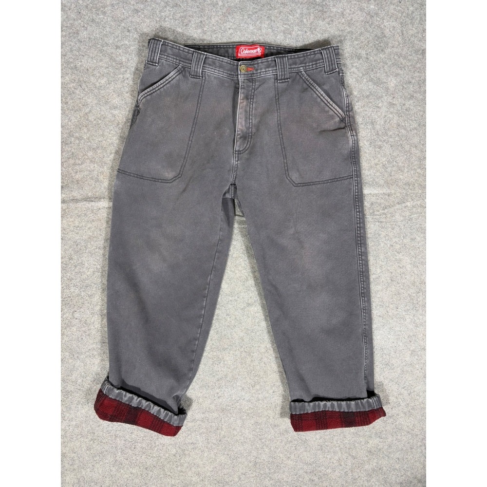 Coleman Mens 34x28 Flannel Lined Work Pants Charcoal Gray Buffalo Plaid Canvas